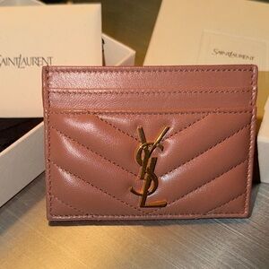 YSL pink Blush Card Holder with Gold Logo LAMBSKIN quilted leather saint Laurent